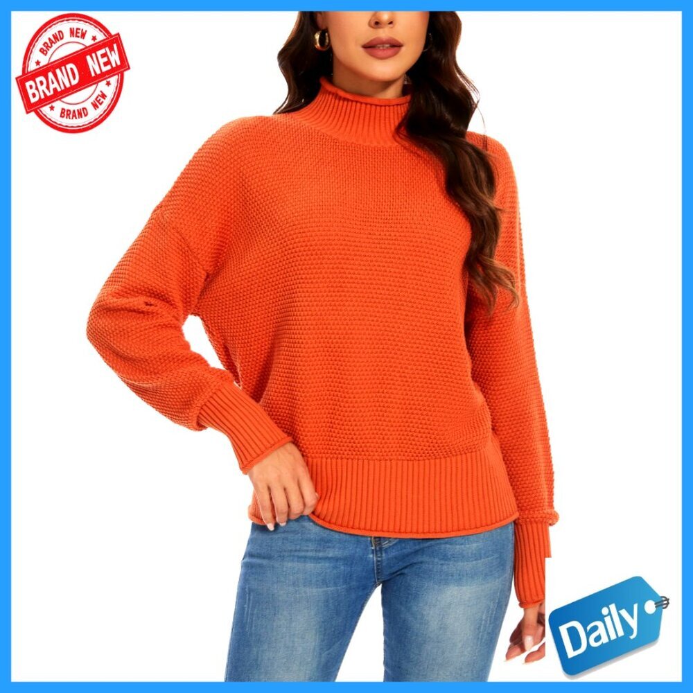 Oversized Cotton Turtleneck Sweater Batwing Sleeves Loose Fit Pullover